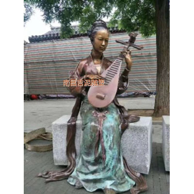 古代女性人物弹琵琶铸铜雕塑